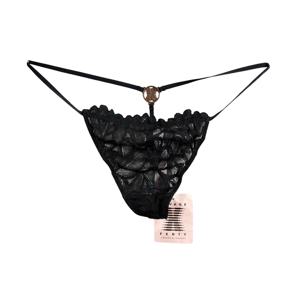 Savage X Fenty Black Lace Strappy Thong L NWT Rihanna Logo Lingerie